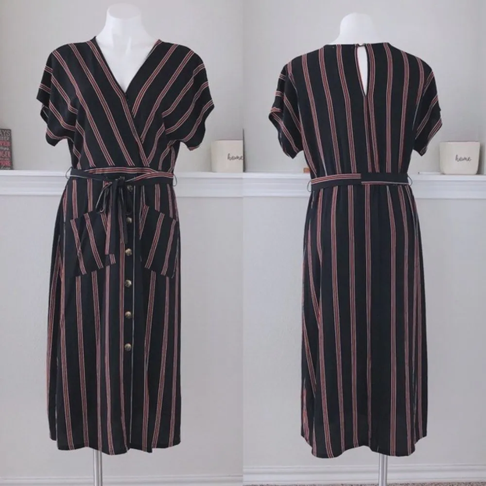 Spirit of Grace Dress Striped Navy Belted Midi Split V - Image 3