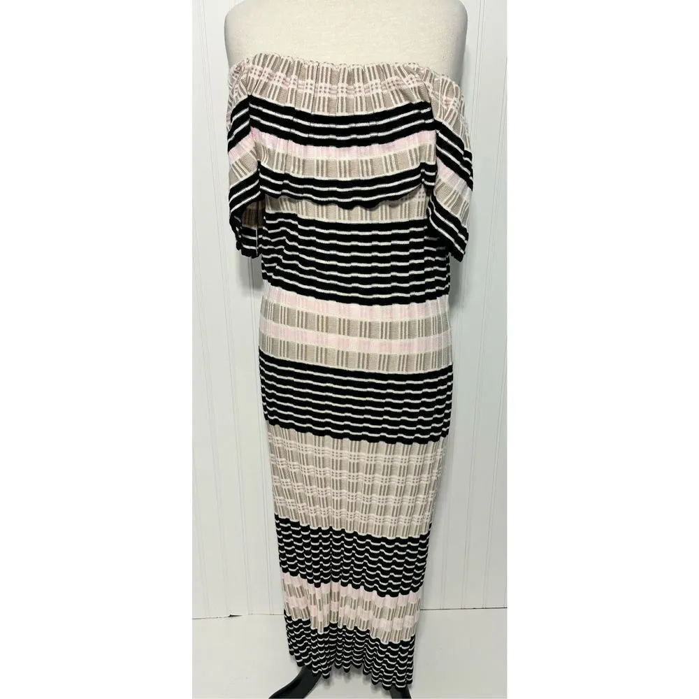 Free People Off Duty Striped Off the Shoulder‎ Midi Sweater Dress Tan Pink Large - Image 11