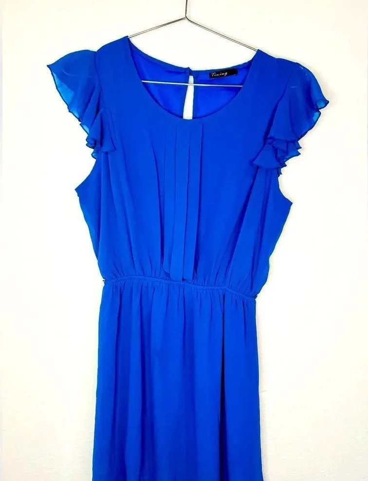 Timing Blue Sheer Ruffle Sleeve Dress Flowy Pleated Front - Image 3