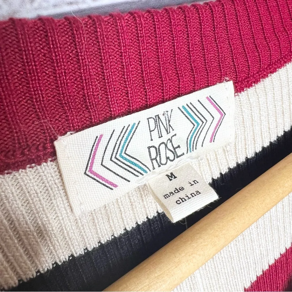 NWT Pink Owl 3/4 Sleeve Striped Stretch Sweater Dress Size Medium Red Black Tan - Image 8