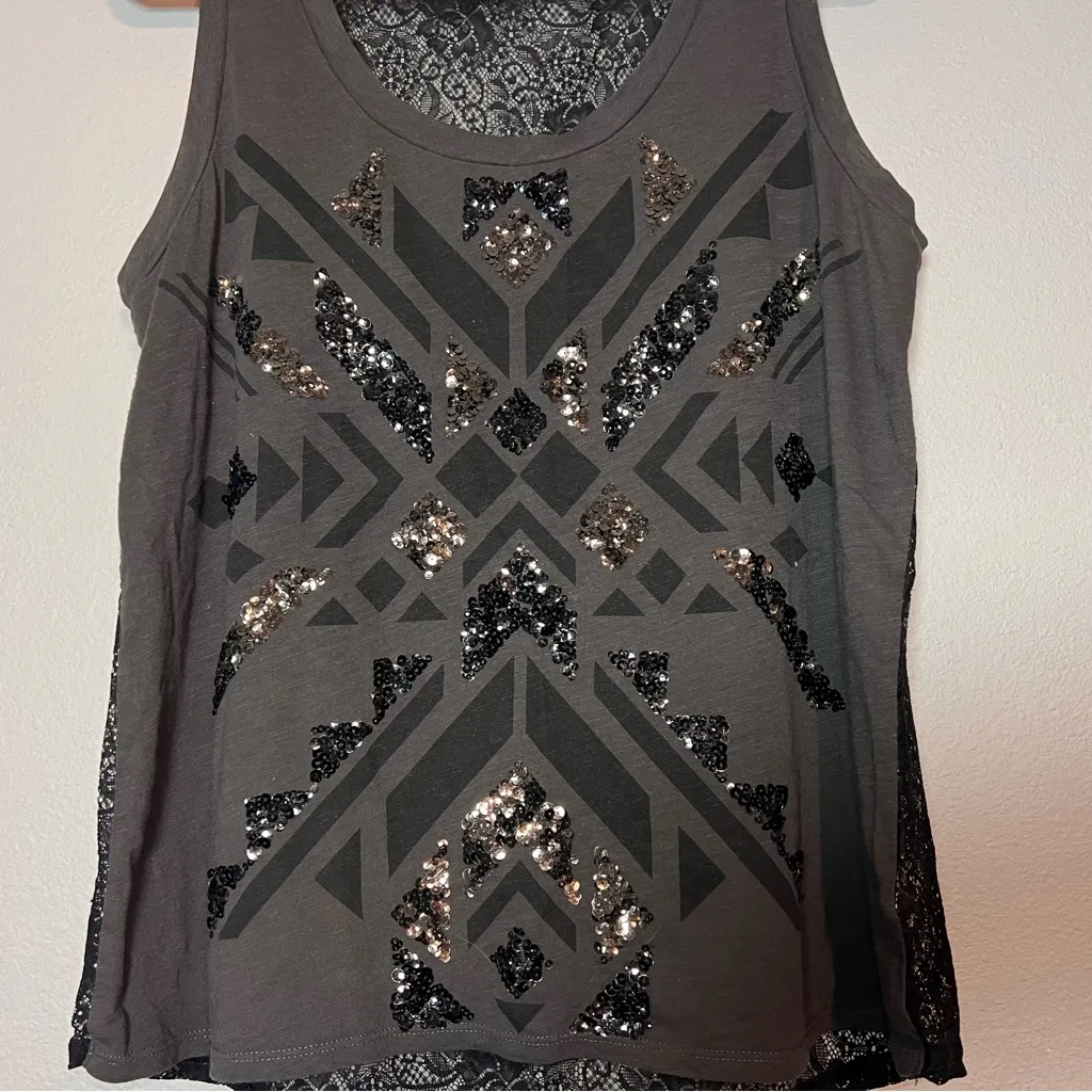 Express Sequin Tank Top Gray Tribal Aztec Design Lace Back Size Large - Image 4