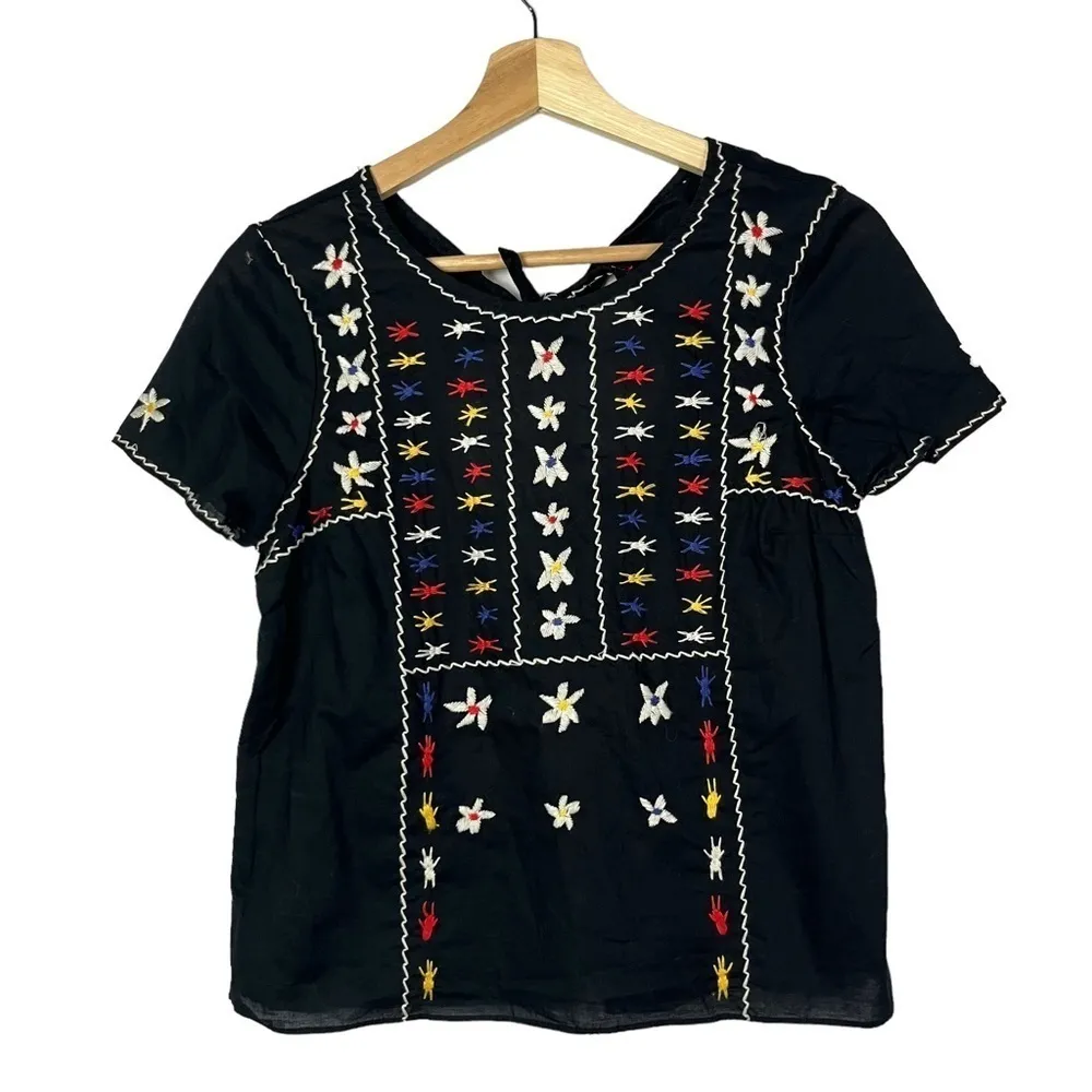 Madewell Black Embroidered Tie Back Cut Out Short Sleeve Blouse XS - Image 3
