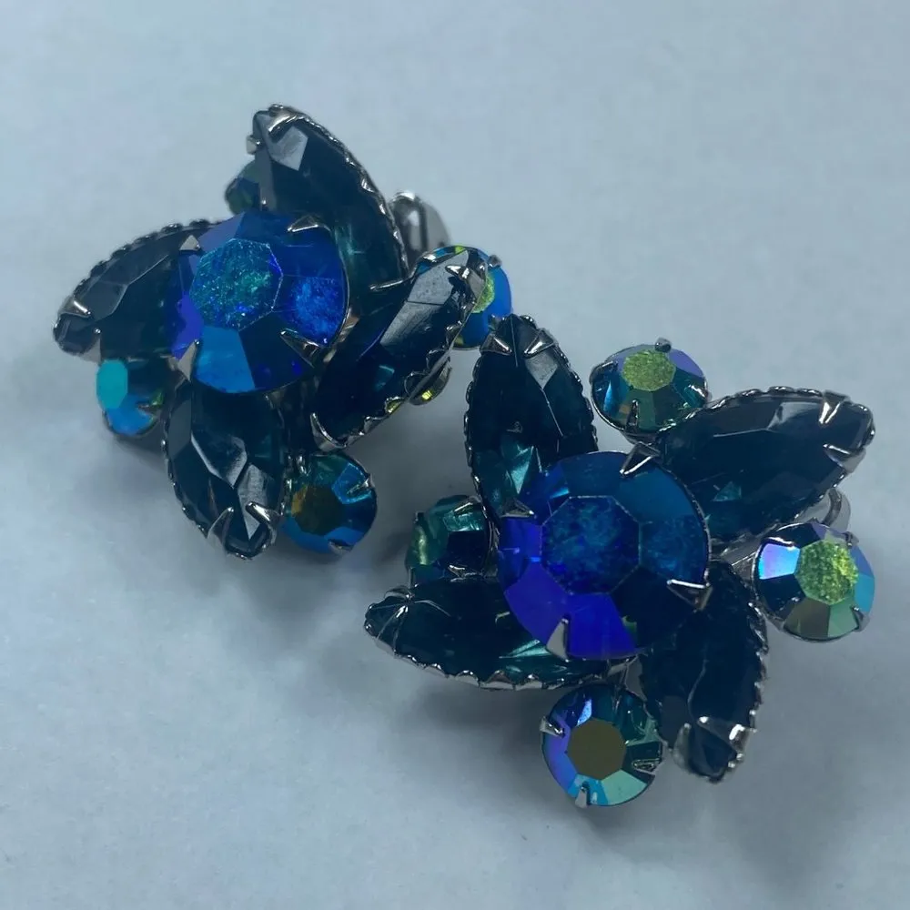 Shades of Blue Vintage Earrings Clipon Aurora Borealis Marquise Round Rhinestone - Image 2