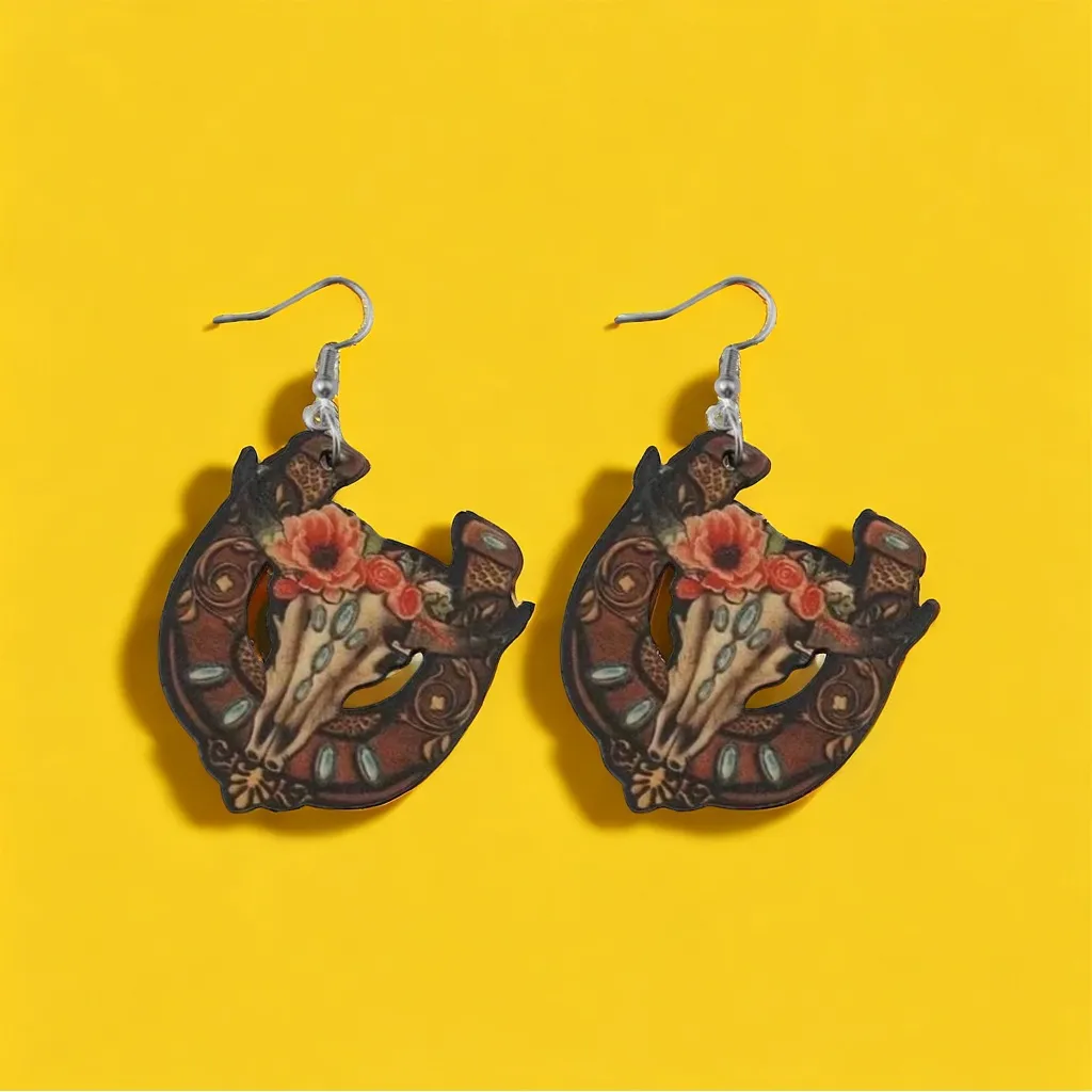 Western bullhead flower pattern wooden drop‎ earrings Brown - Image 5