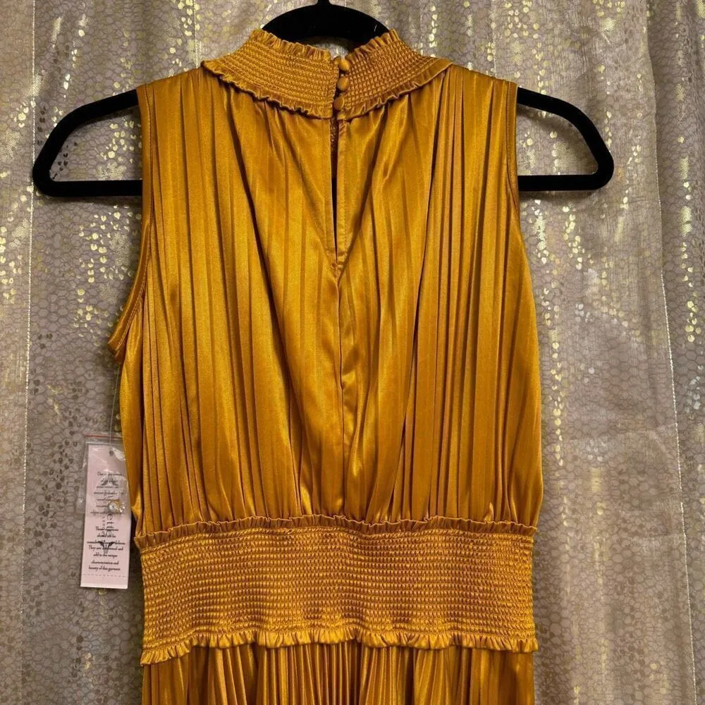 Nanette Lepore Medieval Gold Pleated High Neck Smocked Dress 2 NWT - Image 7