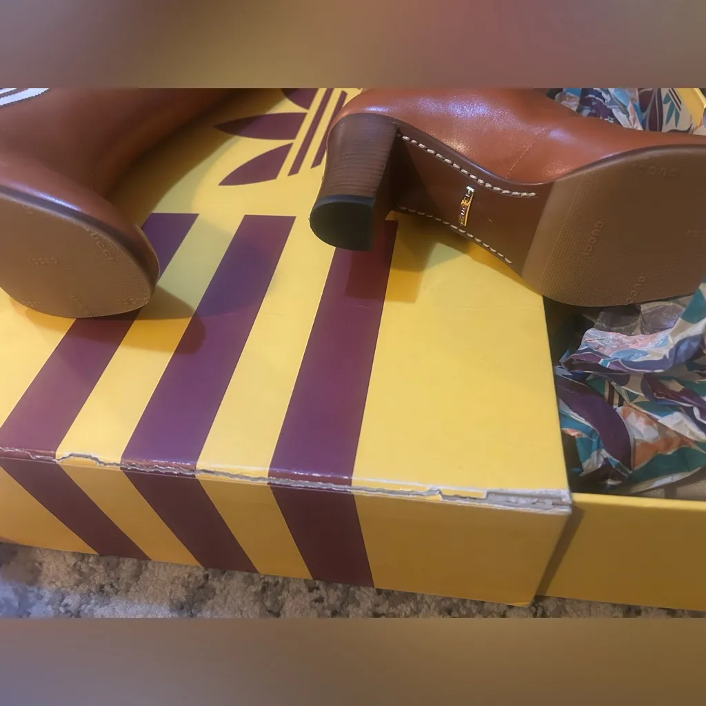 Gucci x Adidas Knee High Stripe Leather Boots Cognac size 37 - Image 9