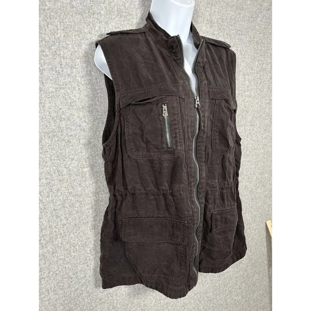 Lucky Brand Womens Sleeveless Full Zip Jacket Vest Top Large Brown Pockets - Image 3