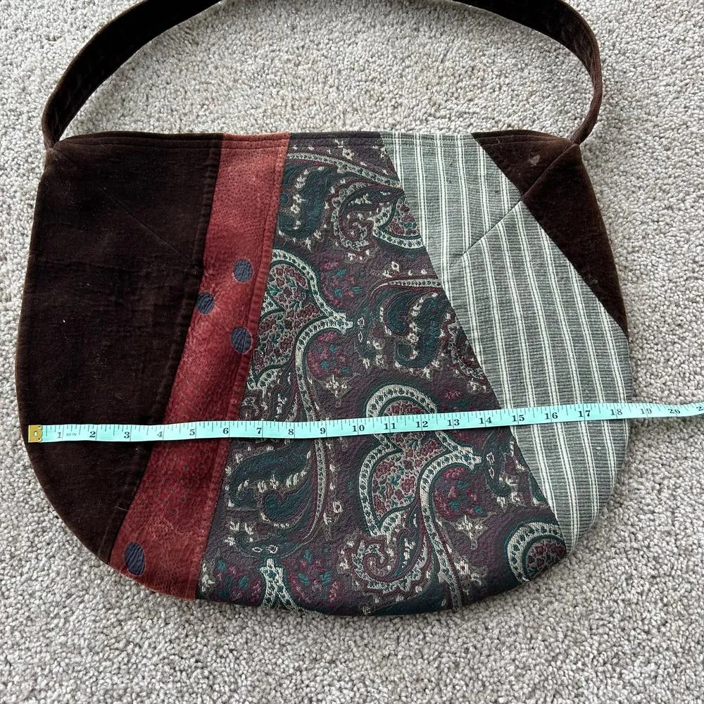 90s Vintage Oversized Hobo Shoulder Pag Purse Patchwork Boho Silk Velvet Large Brown - Image 9