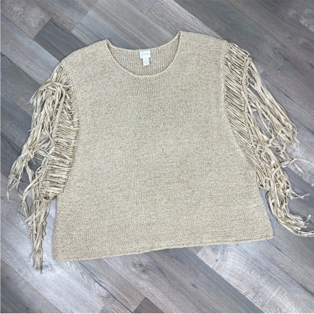 Chico’s Fringe Sleeve Boho Western Tarrin Tape Knit Poncho Sweater Tan Large XL - Image 7