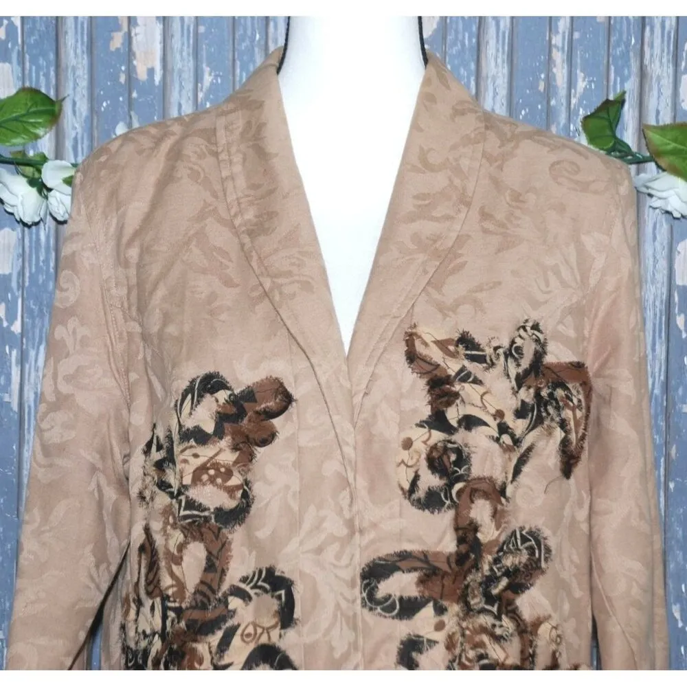 Marisol Ladies Brown Suede Long Sleeve Jacket Size L Floral Open Front Patchwork Size L - Image 2