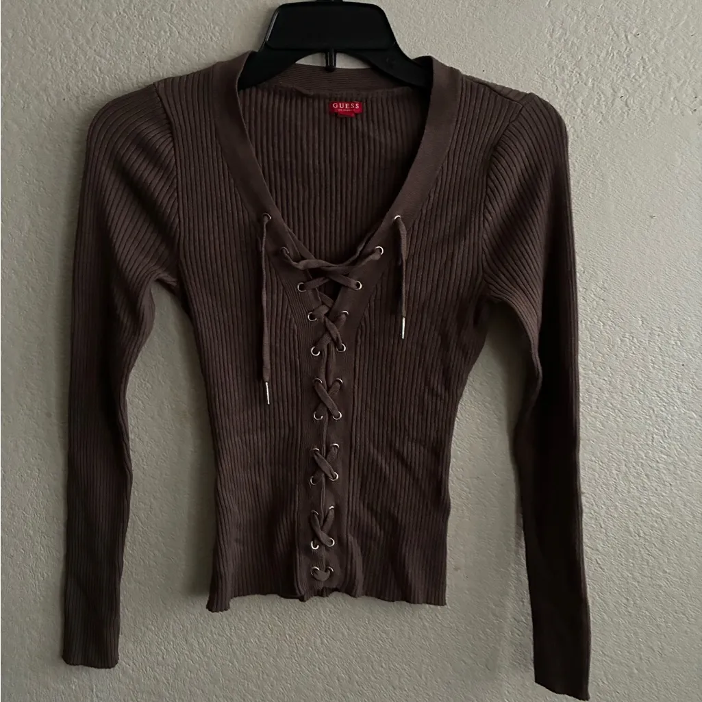 Guess Taupe Lace-Up Ribbed V-Neck Long Sleeve Pullover Sweater Top XS - Image 3