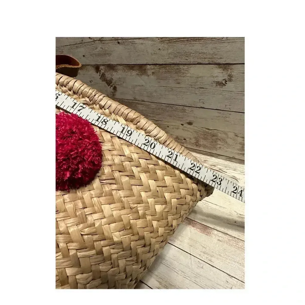 Thacker NYC Straw Shoulder Bag Pom Poms Beach Pool Boho Tan - Image 7