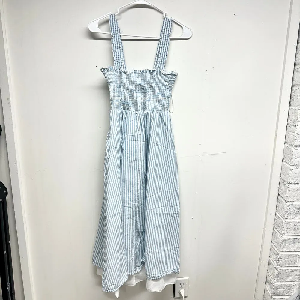 AQUA Women Striped Smocked Sleeveless Blue & White Ocean Midi Dress Small - Image 2