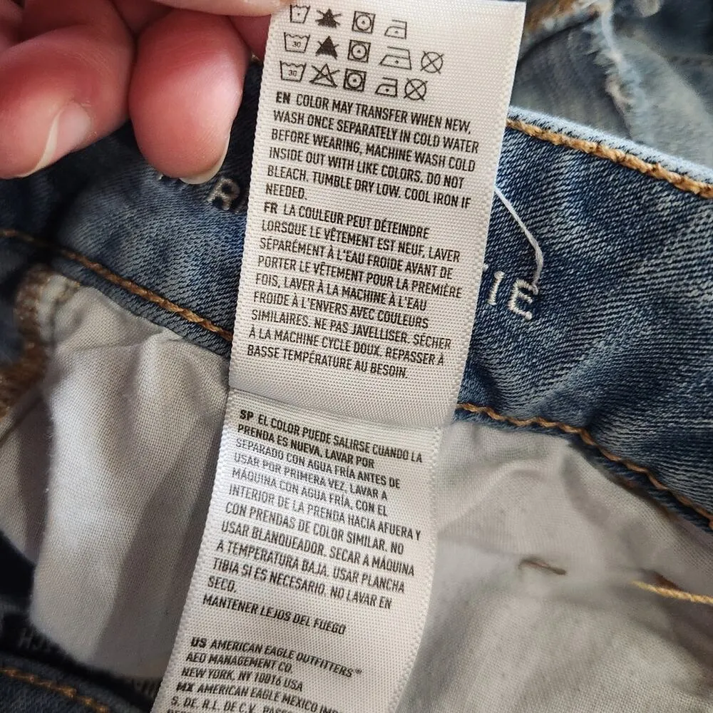 American Eagle AE Distressed High Rise Shorts Blue Denim Cuffed Raw Hem Size 4 - Image 9