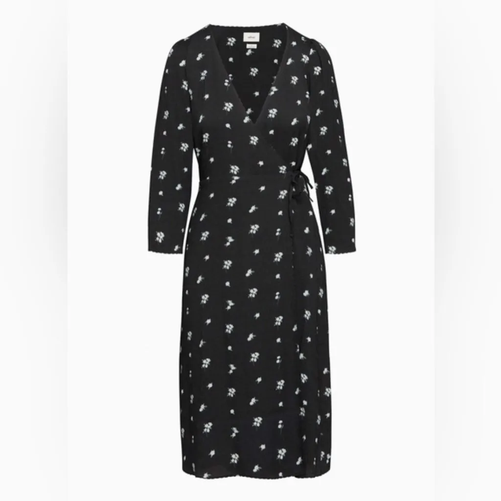 Aritzia WILFRED Once Midi Black Floral Flowy Wrap Long sleeve V-neck Dress Small - Image 3