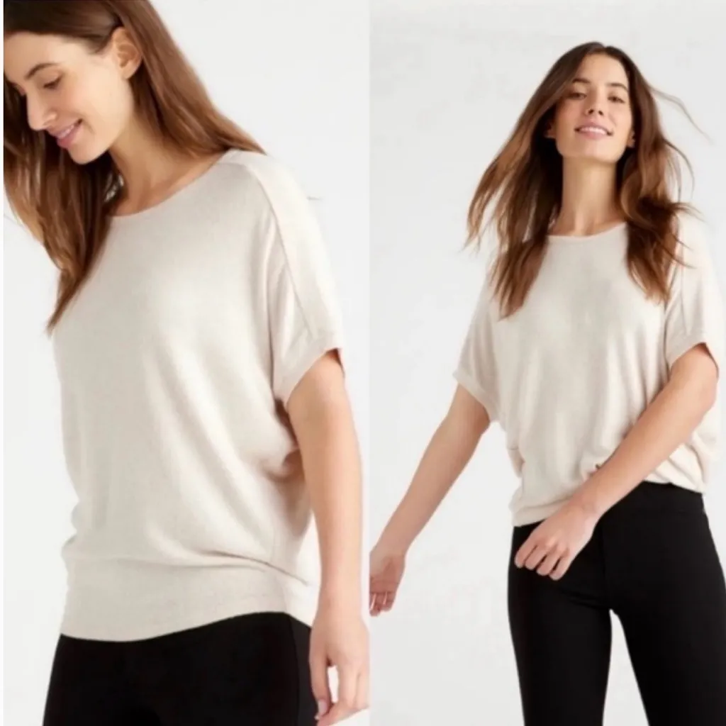 Quince Brushed Short Sleeve Lounge Tee in Heather Oatmeal Cream XS - Image 2