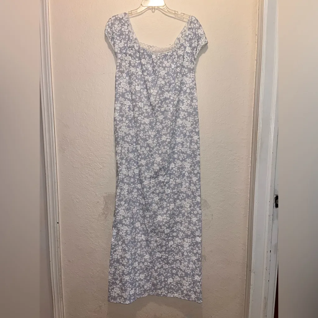 Vintage maxi length mumu floral dress pastel blue stripes white flowers lace - Image 3