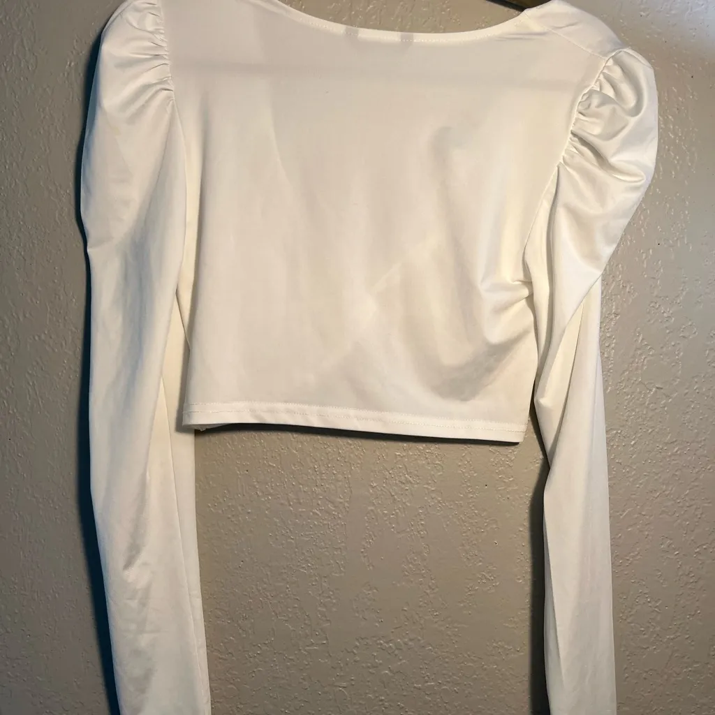 SHEIN White Ruched Long Sleeve Crop top Blouse Wide Neck Sz S T-shirt Y2K - Image 6