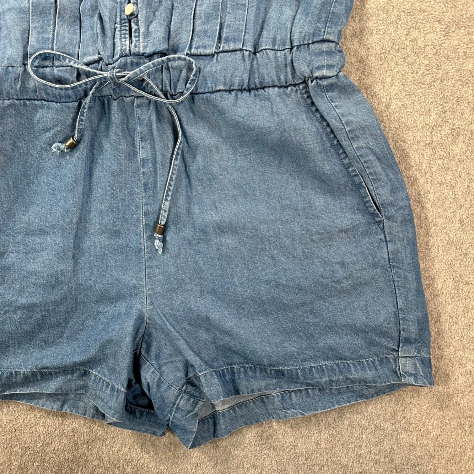 Splendid Blue Chambray Pleated Jumpsuit Women's X-Small V-Neck Shorts Drawstring - Image 5