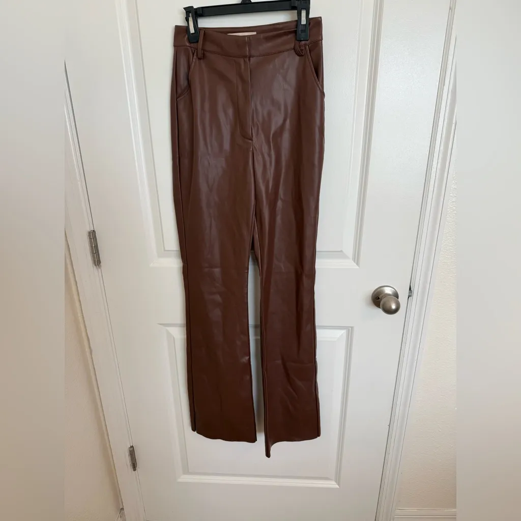 Meshki Tyra Straight Leg Faux Leather Pants XS Brown - Image 3