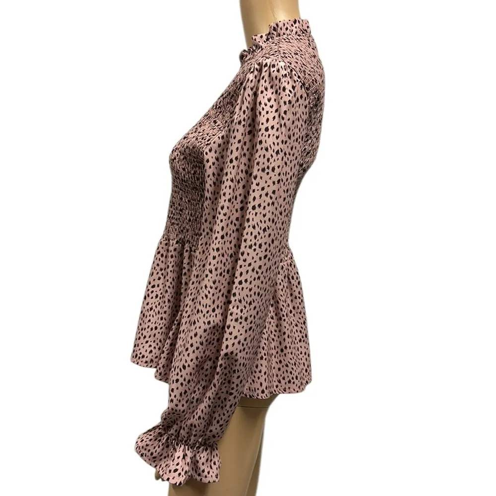 Andthewhy Smocked Cheetah Animal Print Long Sleeve Smocked Peplum Blouse Large - Image 3