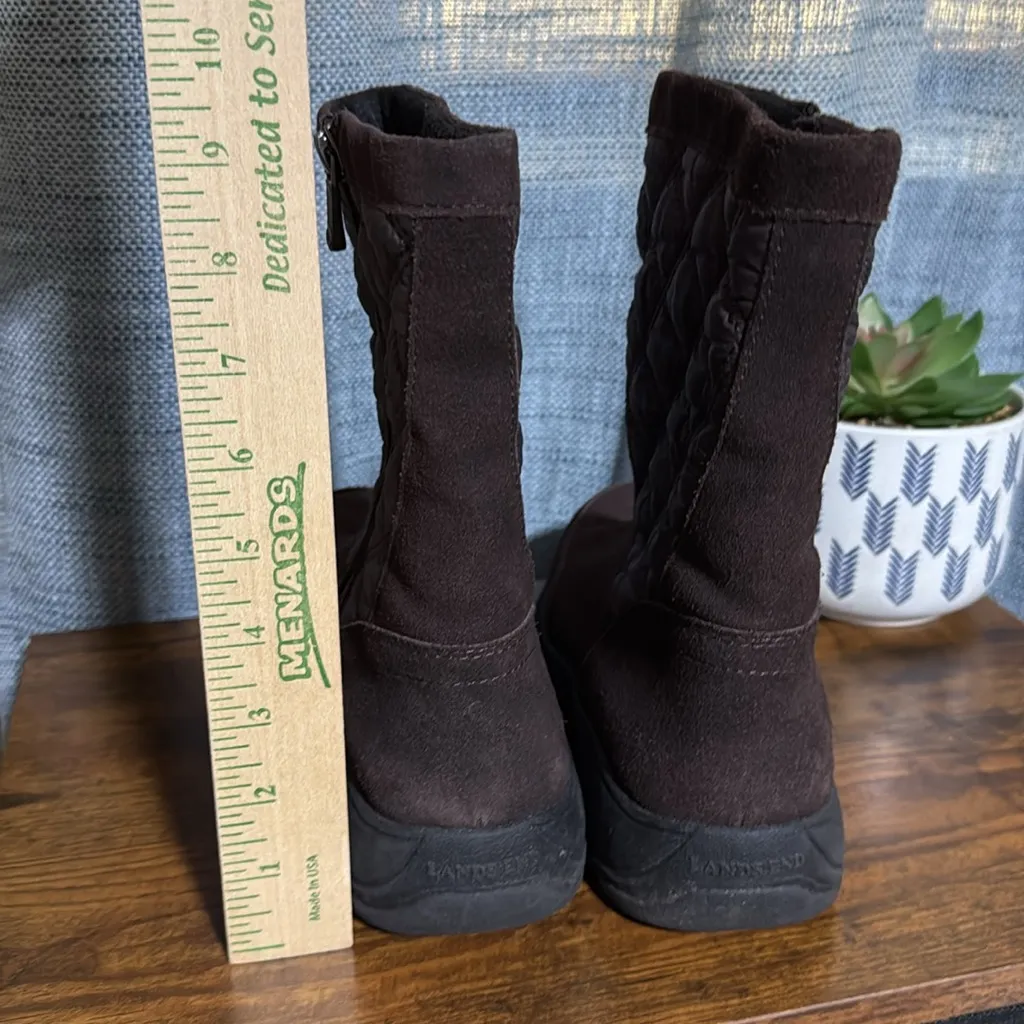 Lands' End Chocolate Brown Suede Quilted Winter Boots Side Zip Pull On 8.5 Comfy - Image 3