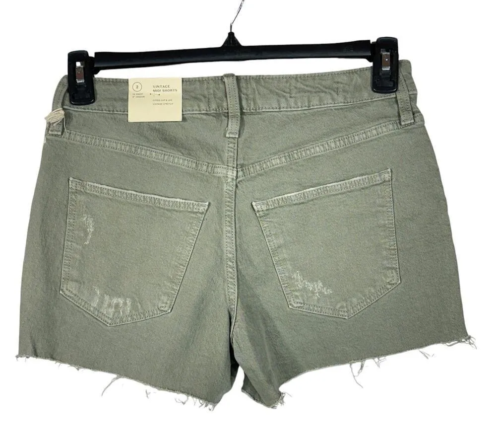 Universal Thread SZ 2/26 Vintage MIDI Jean Shorts Distressed Frayed Dusty Olive - Image 3