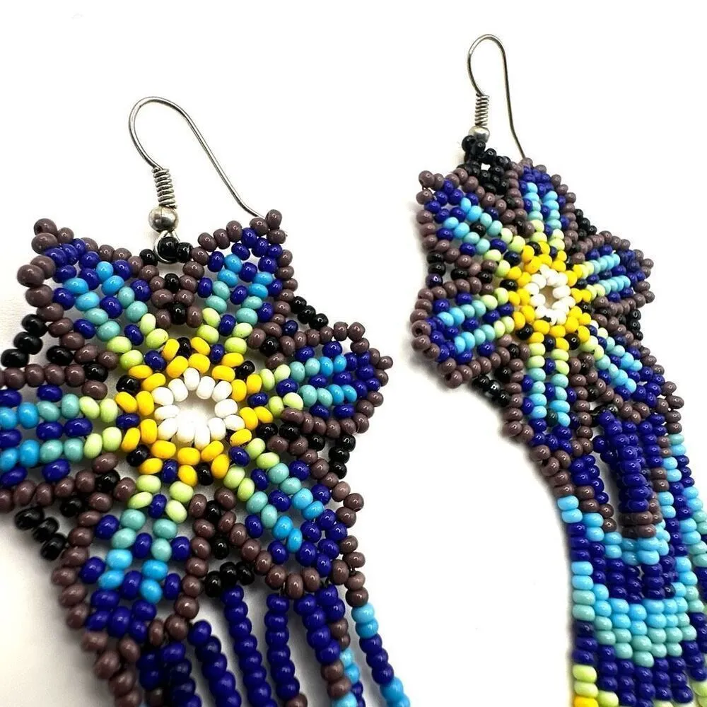 Blue yellow purple long beaded statement earrings - Image 6