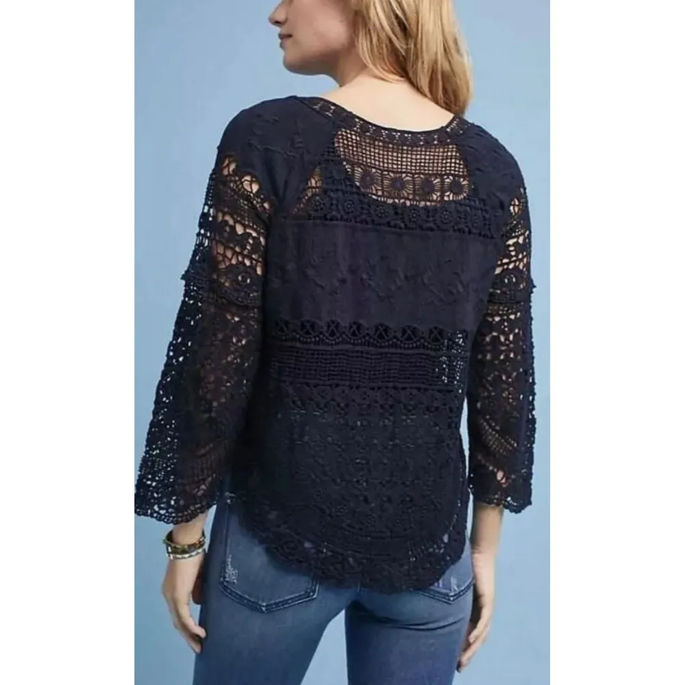 Anthropologie Deletta Navy Bohemian Crochet Lace Embroider Blouse Cover Up Top M - Image 3
