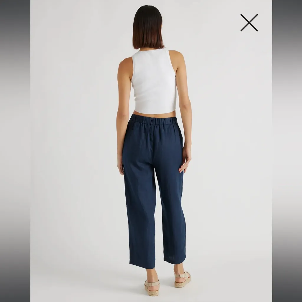 Quince Women’s 100% European Linen Pants in Deep Navy Coastal Natural Flowy - Image 4