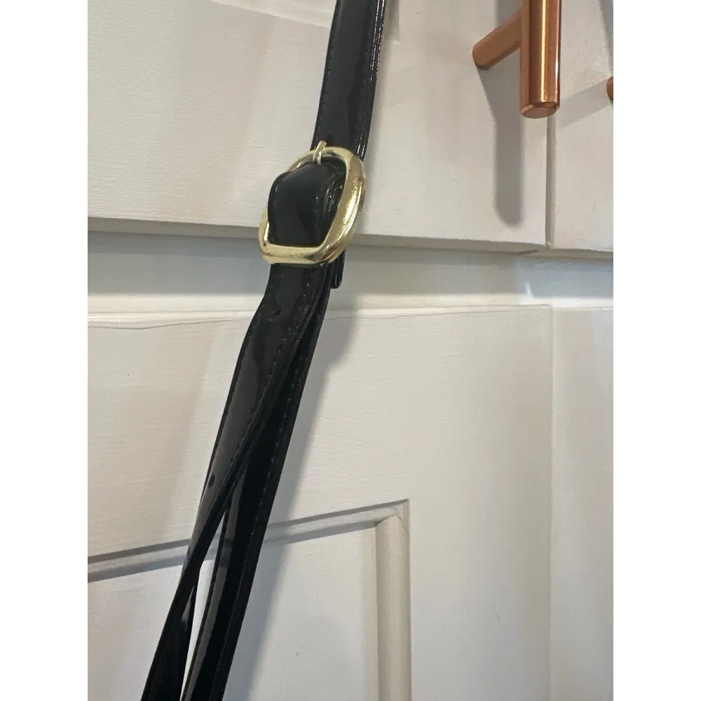 Vintage Black Patent Leather Shoulder Bag Purse Flap Gold Buckle Genesis - Image 2