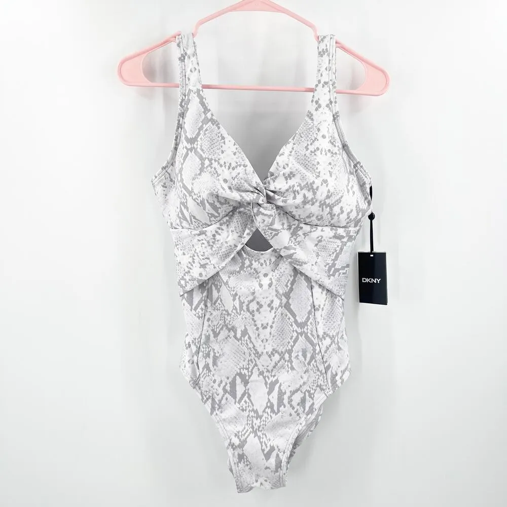 DKNY Swimsuit Size 8 One Piece NWT Gray White Scoop Back Twist Front Swim Beach - Image 3