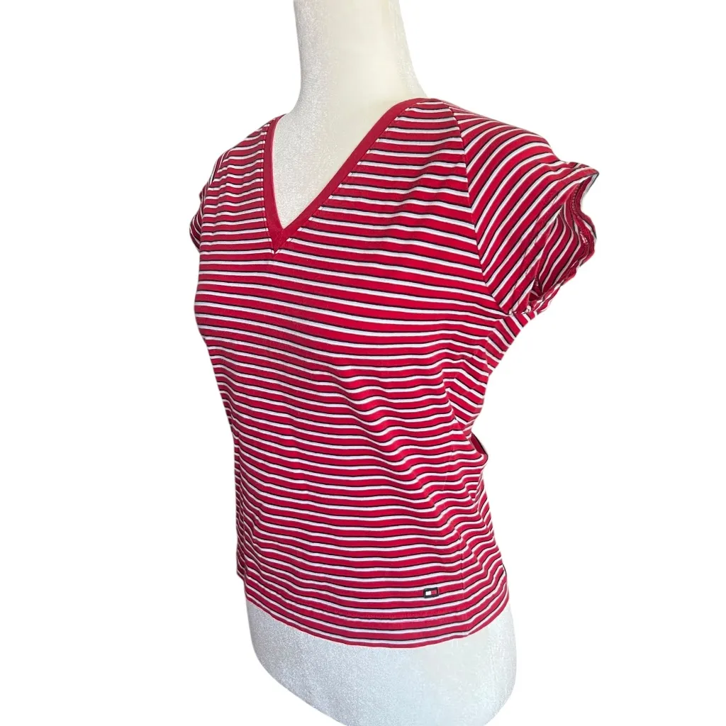 Vintage Tommy Jeans Red, White, & Navy Striped T-Shirt Cotton Large - Image 2