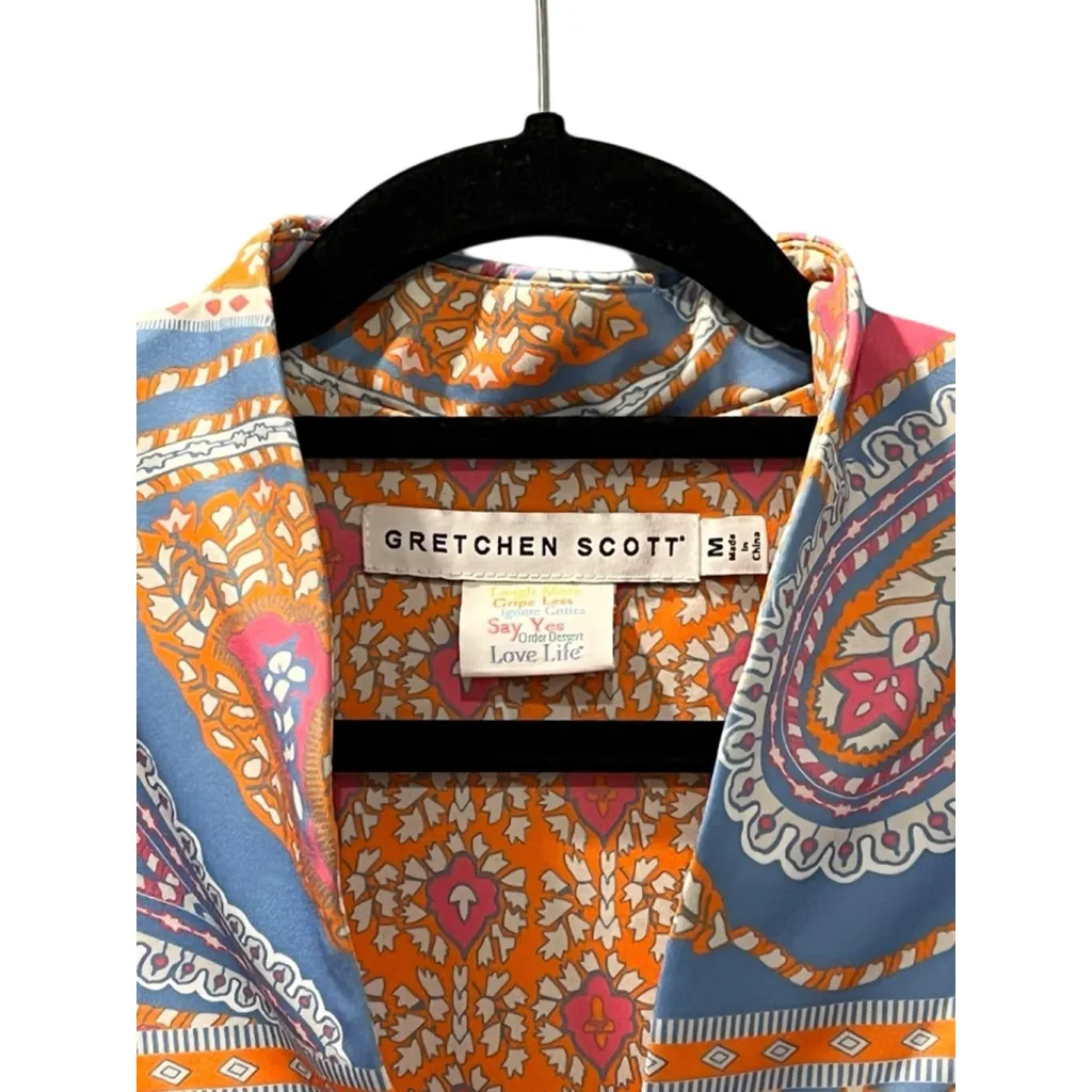 Gretchen Scott Size Medium Colorful 3/4 Sleeve Dress Split Neck Pink Blue Orange - Image 2