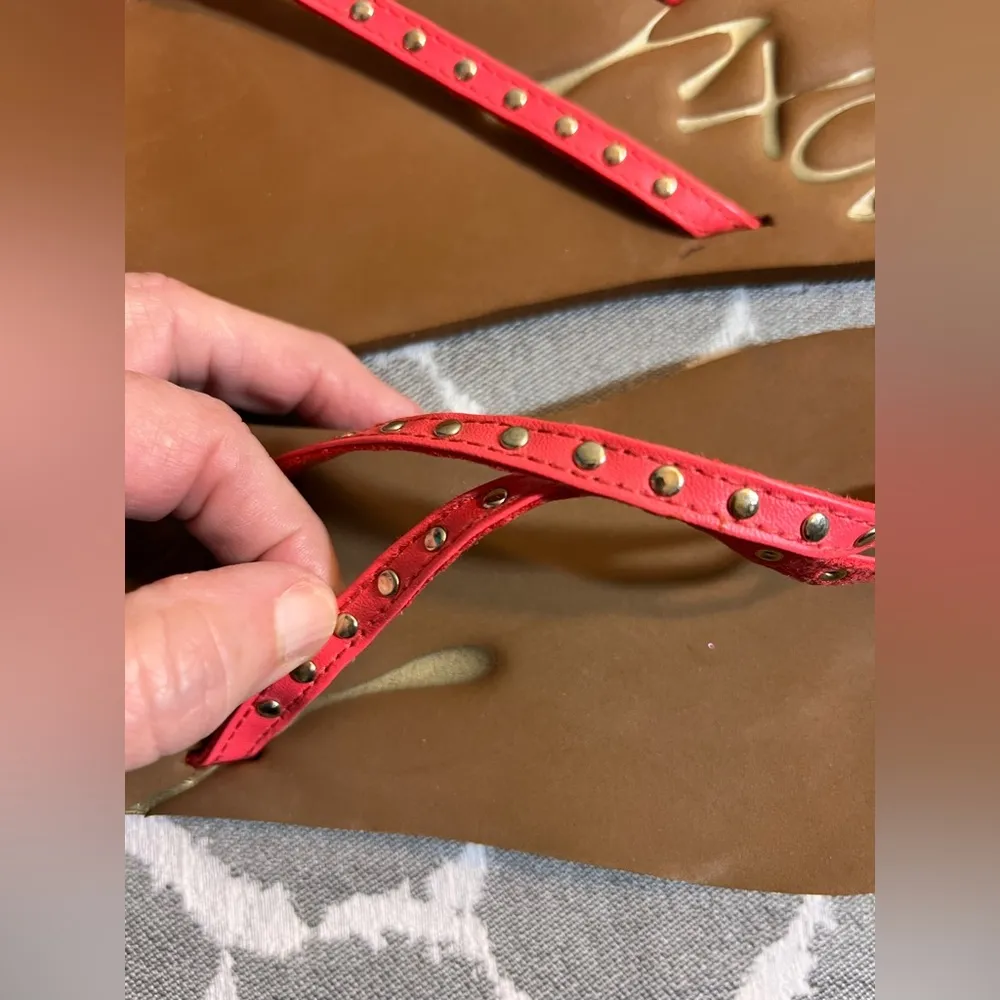 Roxy Brown Coral Orange Sandals Casual Summer Style studded gold tone beach - Image 3