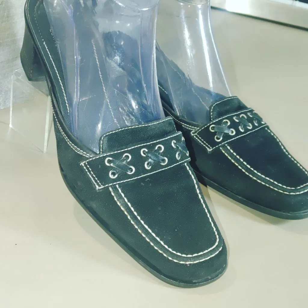 Coach Black Leather Size 7.5 Block Heels Slip On Mules Loafers Iris Suede Square - Image 7