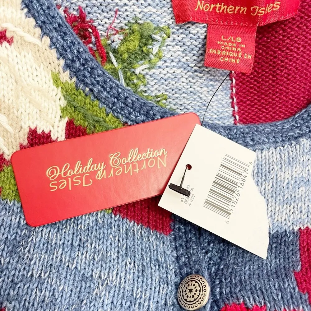 NWT Vintage Northern Isles Christmas Poinsettia Patchwork Cardigan Size Large Blue - Image 7