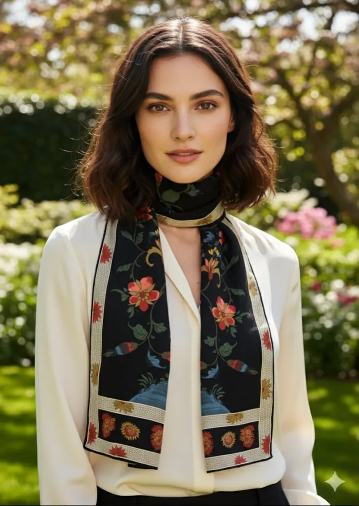 Metropolitan Museum of Art Qing Dynasty Tree 100% Silk Oblong Scarf Blue - Image 2