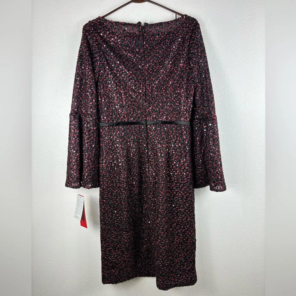 Carmen Marc Valvo‎ Infusion 6 Red Black Sequin Lace Bell Sleeve Dress NWT - Image 8