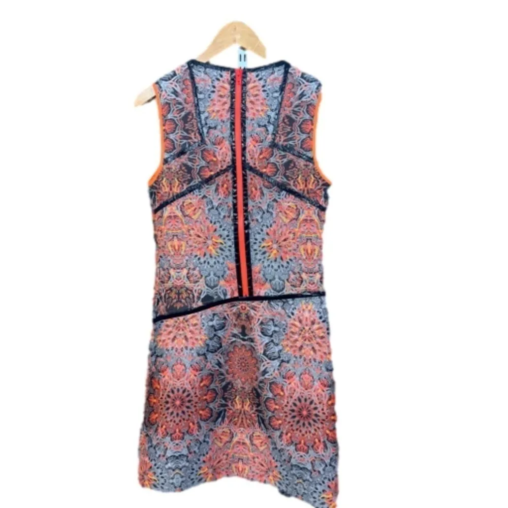 Helmut Lang Asymmetric Neon Orange Floral Medallion Jacquard Printed Mini Dress - Image 6