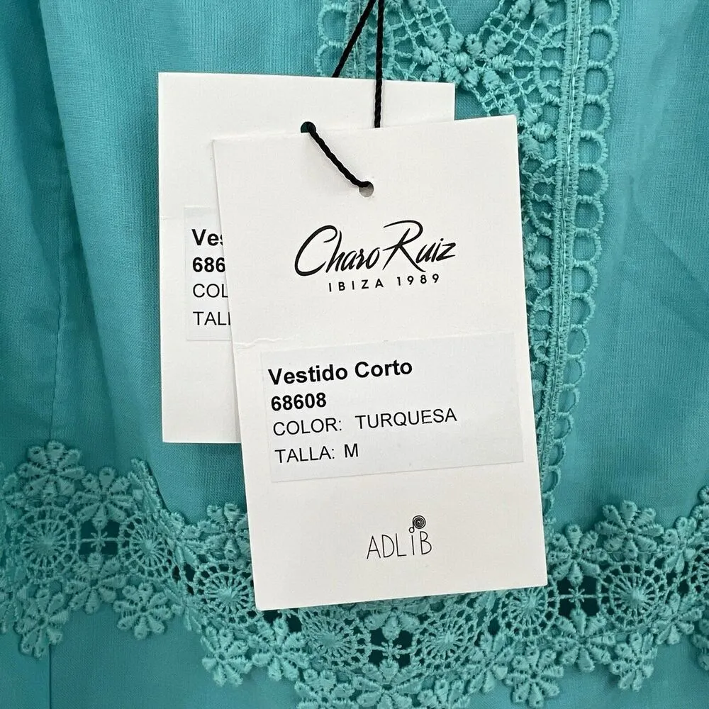 Charo Ruiz Ibiza Volantes Lace Crochet Trim Mini Dress Turquoise Size Medium NWT Blue - Image 9