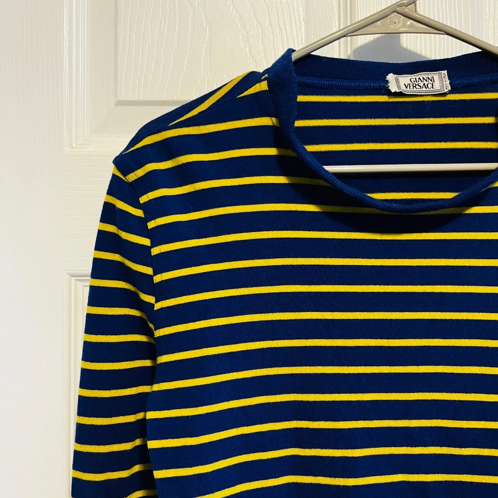 Vintage Gianni Versace Blue Yellow Stripe Long Sleeve Knit Top Made in Italy - Image 3