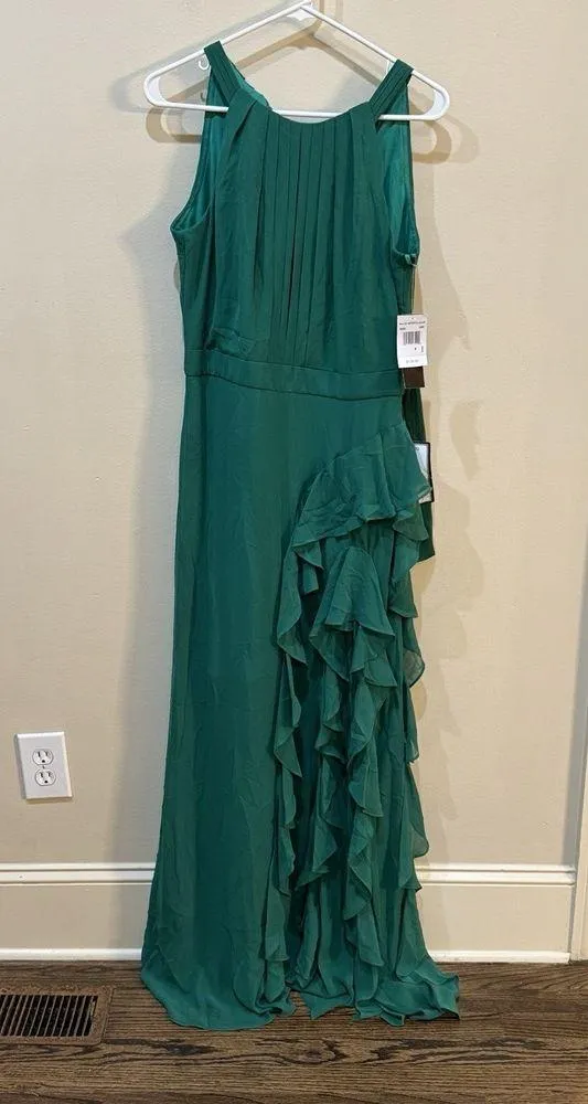 Betsy And Adam HELEN" LONG CHIFFON HALTER NECK DRESS Size 8 Green Formal Wedding - Image 3