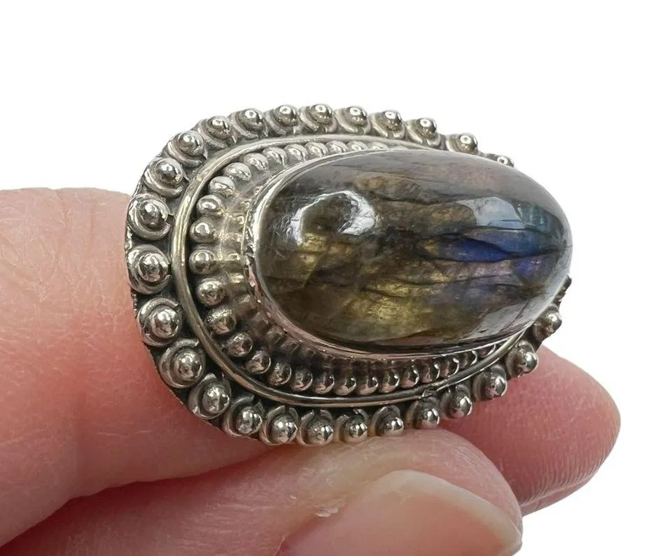 Natural Labradorite Elongated Oval Sterling Silver India Ring Blue - Image 7