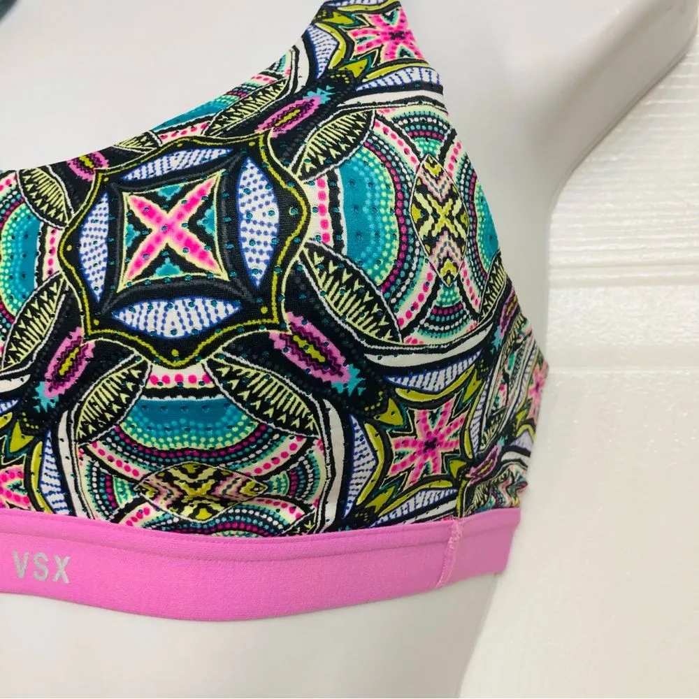 Victoria’s Secret VSX Sport Bra Teal Pink‎ Geometric Print Crossback Size 32B - Image 3