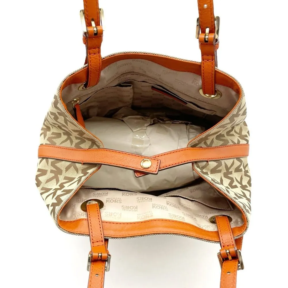 NEW MICHAEL Michael Kors Beige Tan Orange Signature Canvas & Leather Tote Large - Image 6