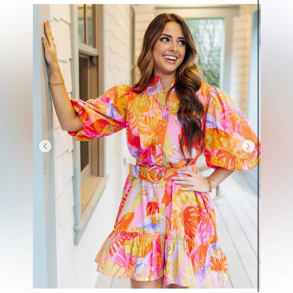 Paloma mini dress belt tropical colorful print puff sleeve farmrio ruffle jmarie - Image 5