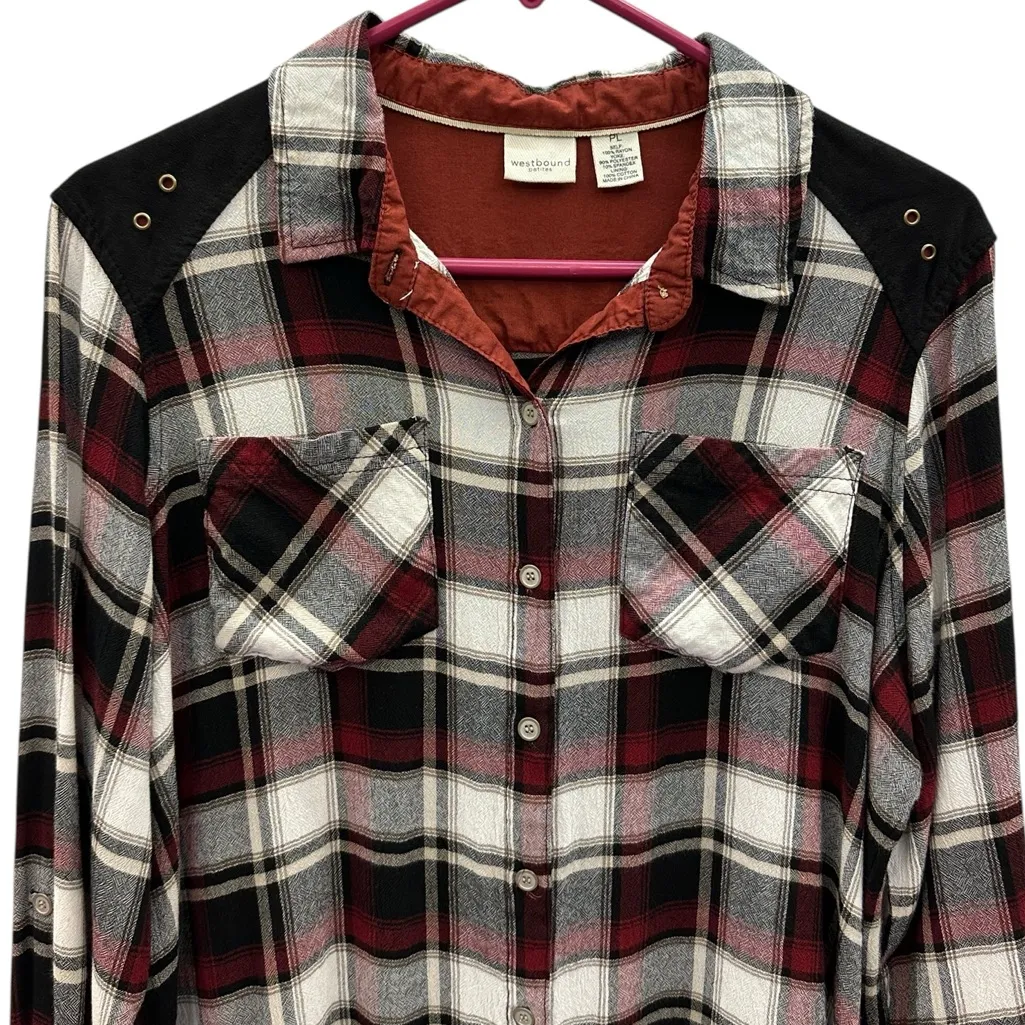 Westbound Plaid Sueded Yoke Long Button Tab Sleeve Shirt Womens Petite Large - Image 10
