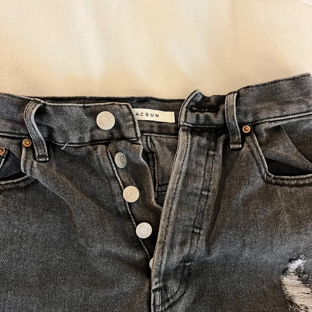 PACSUN Denim Shorts 25 Womens Black Wash Raw Hem Button Fly Ultra High Rise - Image 2