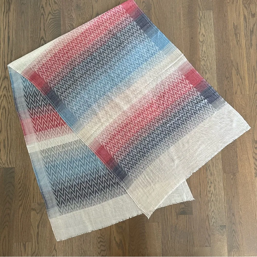 Vintage Missoni Scarf Silk / Cashmere in Classic Chevron Weave Tan, Blue, Red - Image 4